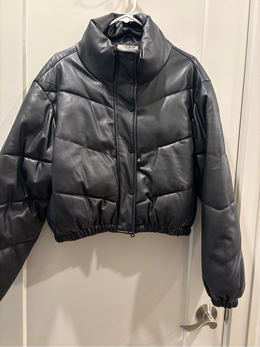 Celebrity Pink Black Faux Leather Puffer Jacket